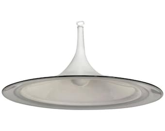 May include: A white glass pendant light with a wide, flat, circular shade and a narrow, pointed top. The shade has a black rim.