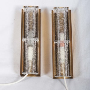 Pair of Danish Midcentury Glass, Brass Sconces By Vitrika