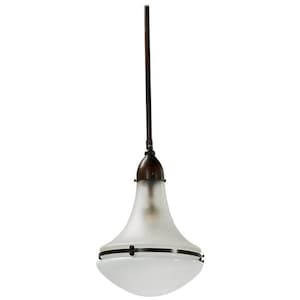 May include: A frosted glass pendant light with a brown metal frame and a single ring around the bottom of the shade.