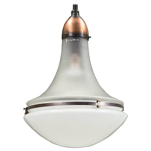May include: A frosted glass pendant light with a copper and black metal fixture. The light has a white frosted glass shade with a metal band around the middle. The fixture has the number "5-L15C9" printed on it.