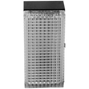 May include: A black and clear rectangular outdoor wall light fixture with a grid pattern.