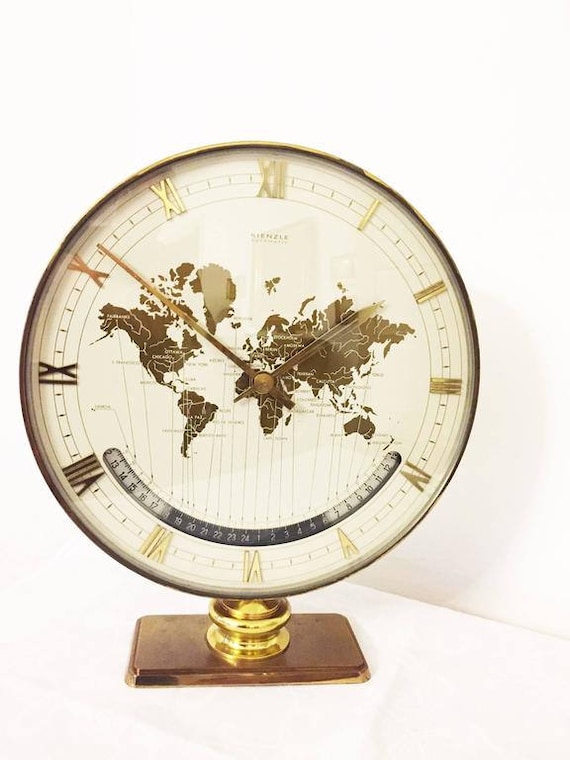 希少美品Kienzle ワールドタイム置時計 ビッグサイズゴールド未使用 Big Kienzle Weltzeituhr Modernist Table World Timer Zone Clock
