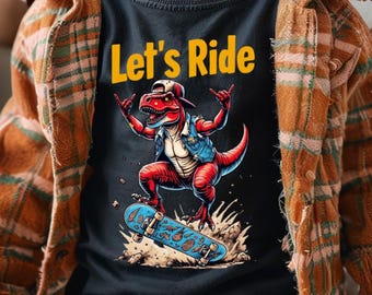 Camiseta con gráfico divertido para niños y niñas Let's Ride Dinosaur Skateboard, ideal para cumpleaños, uso diario, parques de patinaje y verano