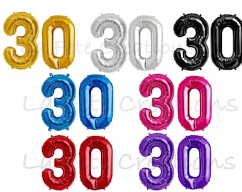 30th Birthday Number Balloons 34” Foil Helium Quality Set of 2 Balloons Numbers 30 Choose Gold, Silver, Black, Pink, Blue, Red or Purple