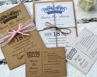 Emily Wedding Invitation Bundle with RSVP -lace/twine/ribbon belly band - SAMPLE ONLY