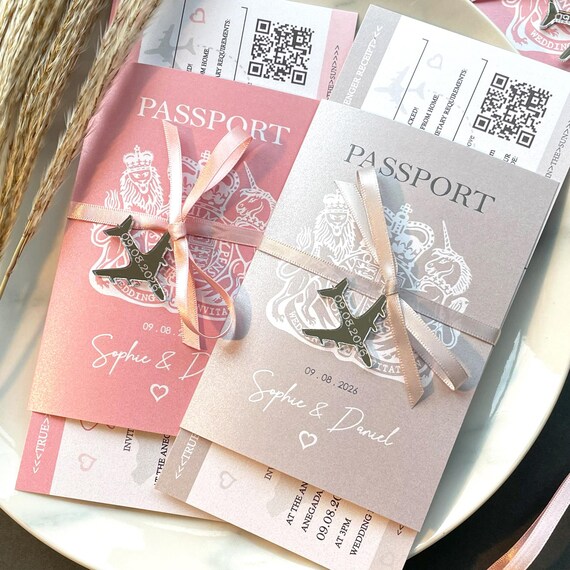 Pearlescent Passport Wedding Invitation: Destination Wedding Theme, Boarding Pass, Satin Ribbon & Engraved Mirrored Plane