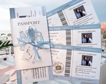 Pearlescent Passport Wedding Invitation: Destination Travel Theme with Boarding Pass, satin ribbon and tag.