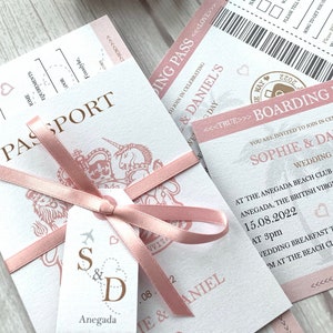 Pearlescent Passport Wedding Invitation with Satin Bow, Tag and Boarding Pass style Invite and RSVP. Travel Themed Wedding, Plane Ticket image 5
