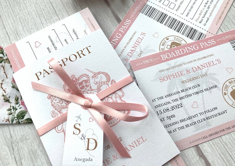 Pearlescent Passport Wedding Invitation with Satin Bow, Tag and Boarding Pass style Invite and RSVP. Travel Themed Wedding, Plane Ticket image 5