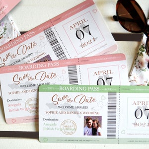 Boarding Pass Save the Dates for wedding abroad, destination wedding, travel themed wedding, personalised.