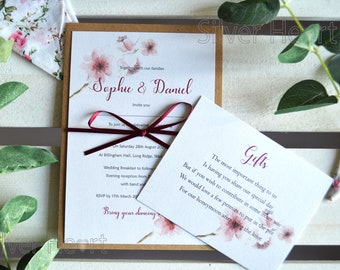 Cherry Blossom Wedding Invitation with rsvp and satin ribbon bow - SAMPLE ONLY - country or barn wedding -