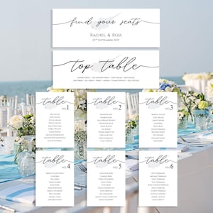May include: Wedding table plan cards with stylish calligraphy. The cards display the phrases "find your seats" and "top table", alongside guest names and table numbers. The design has a clean, minimalist aesthetic, ideal for a wedding.