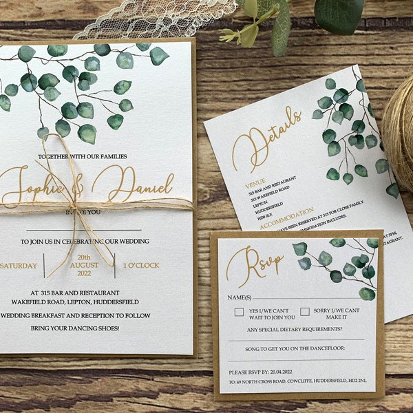 Eucalyptus Leaf Wedding Invitation Bundle,  garden weddings, outdoor weddings, country or barn weddings. SAMPLE ONLY