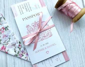 Passport Wedding Invitation with Satin Bow and Boarding Pass style Invite and RSVP. Travel Themed Wedding, Plane Ticket style,
