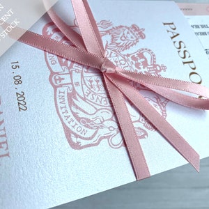 Pearlescent Passport Wedding Invitation with Satin Bow, Tag and Boarding Pass style Invite and RSVP. Travel Themed Wedding, Plane Ticket image 3