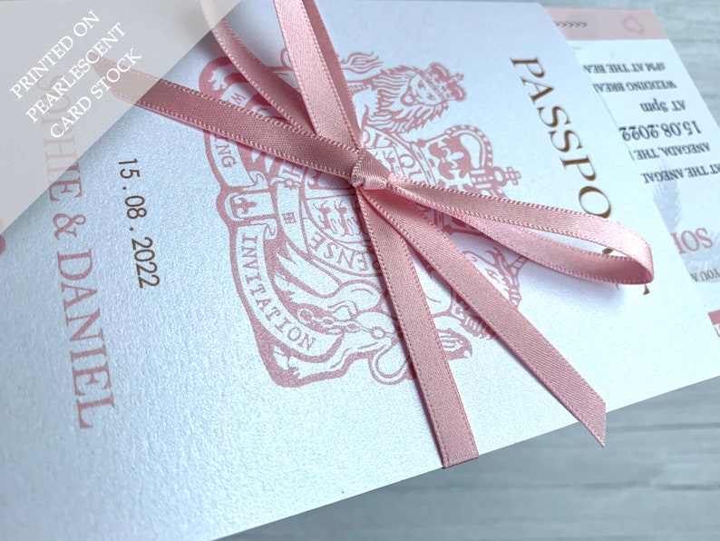 Pearlescent Passport Wedding Invitation with Satin Bow, Tag and Boarding Pass style Invite and RSVP. Travel Themed Wedding, Plane Ticket image 3