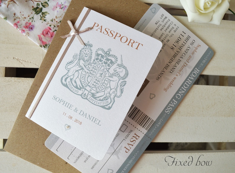 bow passport wedding invitation with boarding pass rsvp etsy