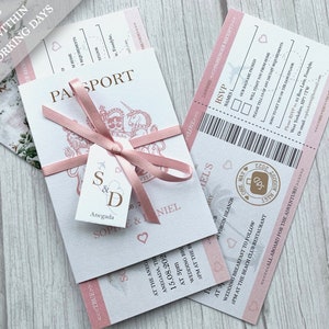 Pearlescent Passport Wedding Invitation with Satin Bow, Tag and Boarding Pass style Invite and RSVP. Travel Themed Wedding, Plane Ticket image 1