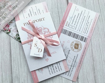 Pearlescent Passport Wedding Invitation with Satin Bow, Tag and Boarding Pass style Invite and RSVP. Travel Themed Wedding, Plane Ticket