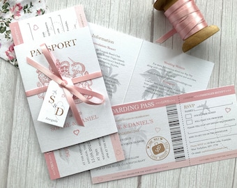 Pearlescent Passport Wedding Invitation with Satin Bow, Tag and Boarding Pass style Invite and RSVP. Travel Themed Wedding, Plane Ticket