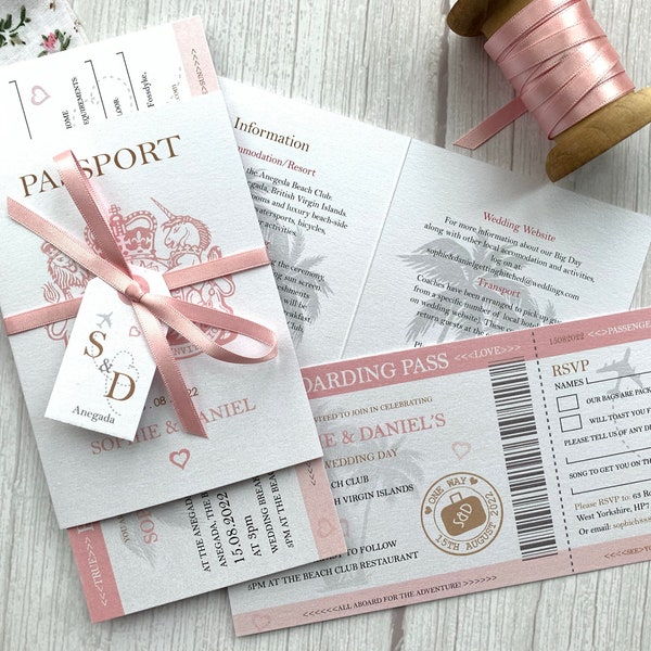 Pearlescent Passport Wedding Invitation with Satin Bow, Tag and Boarding Pass style Invite and RSVP. Travel Themed Wedding, Plane Ticket