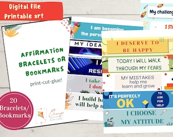 Kids Printable Bookmarks/ Affirmations for kids/ Printable AFFIRMATION BRACELETS / 20 Instant Download Bracelets/ Positive Affirmations