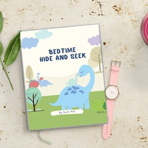 May include: A book cover with a blue and green illustration of a dinosaur with a baby dinosaur on its back. The book title is "Bedtime Hide and Seek" and the author is "Sumi Kai".
