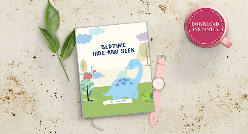 May include: A book cover with a blue and green illustration of a dinosaur with a baby dinosaur on its back. The book title is "Bedtime Hide and Seek" and the author is "Sumi Kai".