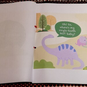 May include: A purple dinosaur with blue stripes and a long neck is standing in a green field. A speech bubble above the dinosaur says "Oh! So, where's my single-tooth NOT baby?"