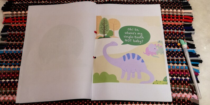 May include: A purple dinosaur with blue stripes and a long neck is standing in a green field. A speech bubble above the dinosaur says "Oh! So, where's my single-tooth NOT baby?"