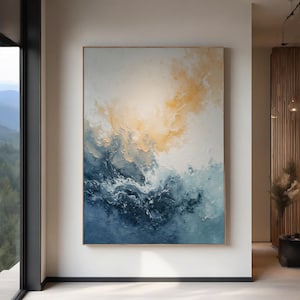 Large ocean painting on canvas Coastal texture seascape wall art dusk abstract oil painting modern art with blue and white toned beach scene