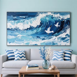 Large blue ocean painting on canvas sea painting large wall art seagull painting ocean wave painting abstract ocean painting beach painting