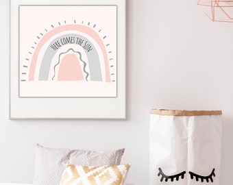 Digital Download - Nursery Wall Art, Rainbow Print, Here Comes the Sun, Organic Rainbow, Neutral Nursery Decor
