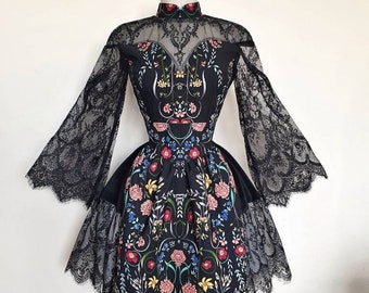 Etno gothic dress with lace and velvet details