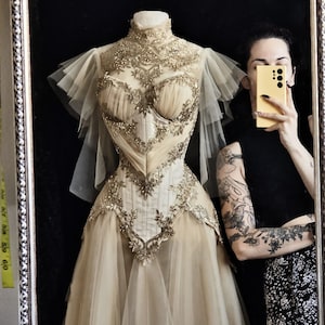 TCR Beige Gold Embellished Bodice Gown With Trail!