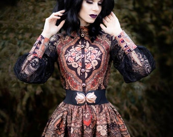 Russian ethno style inspired puffy dress with lace sleeves