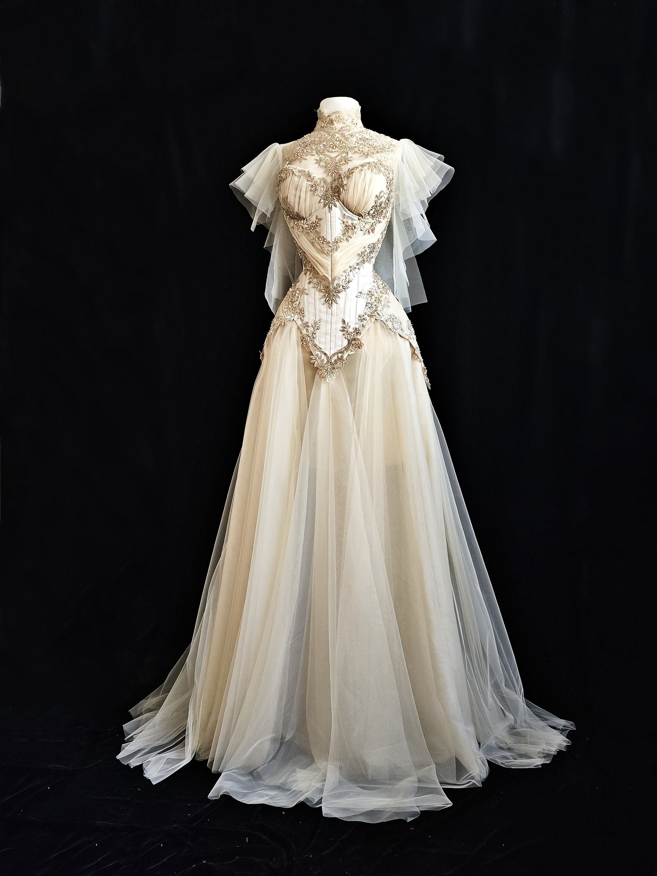 beige gold wedding dresses Aurneaja Ivory Wedding Dress: Gold Rhinestone Applique, Removable Cathedral Train