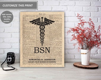 Cartel personalizado de BSN, regalo de graduación de BSN, licenciatura personalizada en arte de enfermería