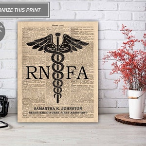 May include: A printable design featuring a black and white medical symbol, the text "RNFA", and the words "Samantha K. Johnston Registered Nurse First Assistant" on a vintage book page background.