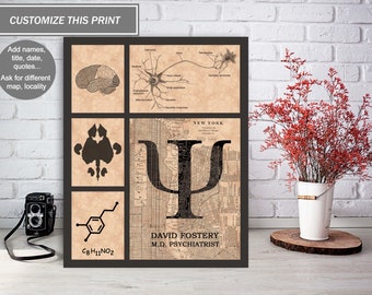 Psychiatry Doctor Custom Map Print, Graduation Gift