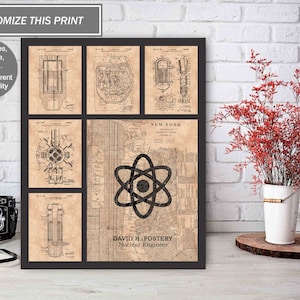 May include: A vintage-style print featuring a black atomic symbol on a map of New York City. The print also includes five smaller images of vintage patent drawings. The text "DAVID H. FOSTERY Nuclear Engineer" is at the bottom of the print.