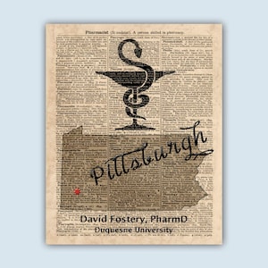 Personalized Gift for graduates in Pharmacy in Duquesnes University, Pittsburgh,  Ph.D. Graduation, pharmacist Party, Dictionary art