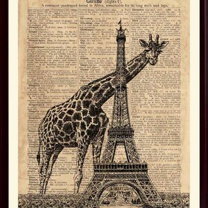 Impresión de jirafa y Torre Eiffel, decoración de la Torre de París, impresión de amante de la jirafa