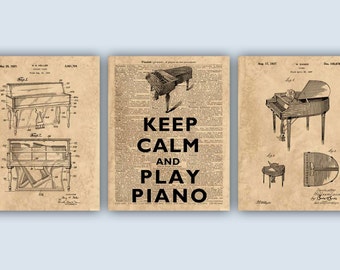 Piano Wall Art, Keep Calm Play Piano, Gift For Pianist, Music Art, Piano Decor, Piano Patent, Piano Poster, Piano Gifts, Set of 3 Prints