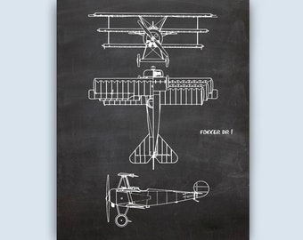 Aircraft Fokker DR 1, Military Gifts, Aircraft Art, Aviation Gifts, World War Art, Airplane Print