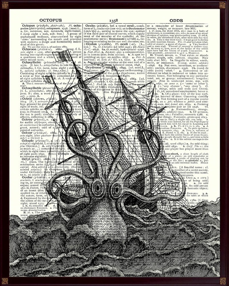 Kraken Poster Octopus Print Kraken Print Nautical Decor,