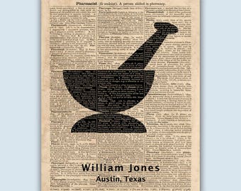 Personalized Pharmacist Art Print, Mortar and Pestle, Pharmacy Graduation Gift