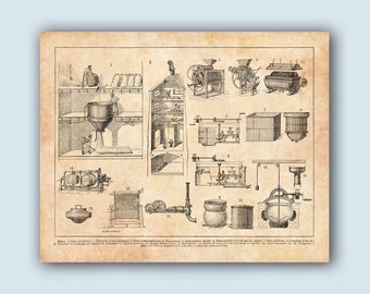 Vintage Beer Brewing Chart Print, French Illustration, Man Cave Decor