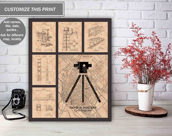 Personalized Civil Engineer Graduation Gift, Vintage Map Art Print