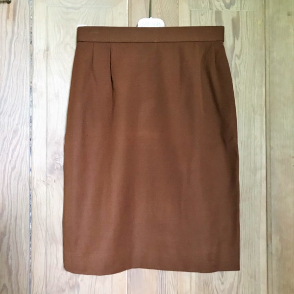Vintage Escada Brown Wool Straight Skirt, 80's Designer Brown Wool Pencil Skirt, Size S